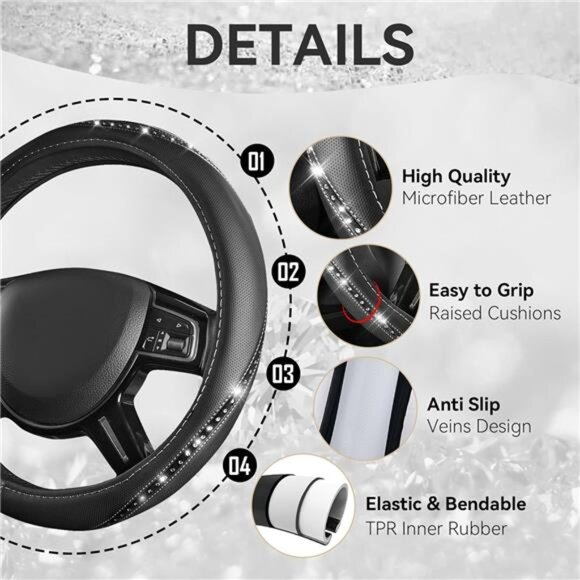 Bling Diamond Black Leather Steering Wheel Cover, Studded Crystal Rhinestones - Picture 5 of 7